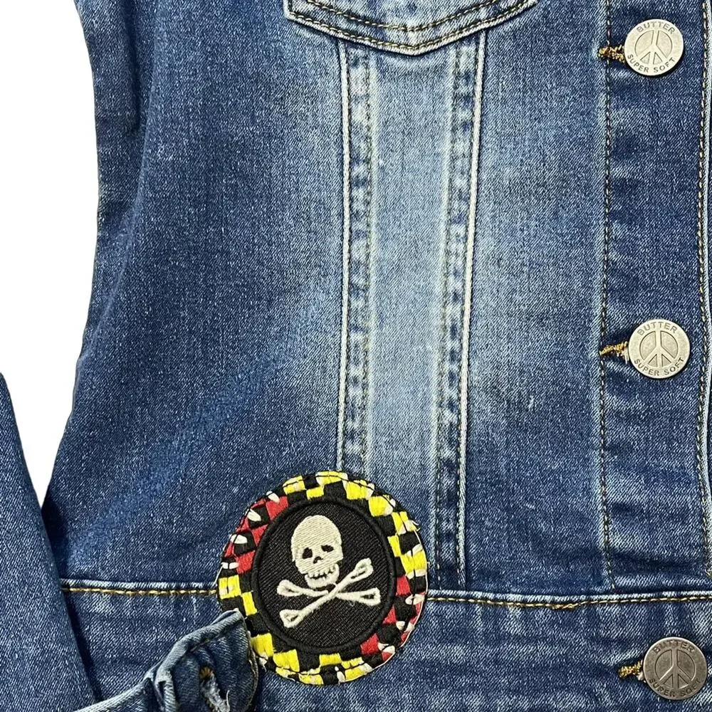 Butter Girls Dark Denim Jacket With Patches Large - Picture 3 of 6